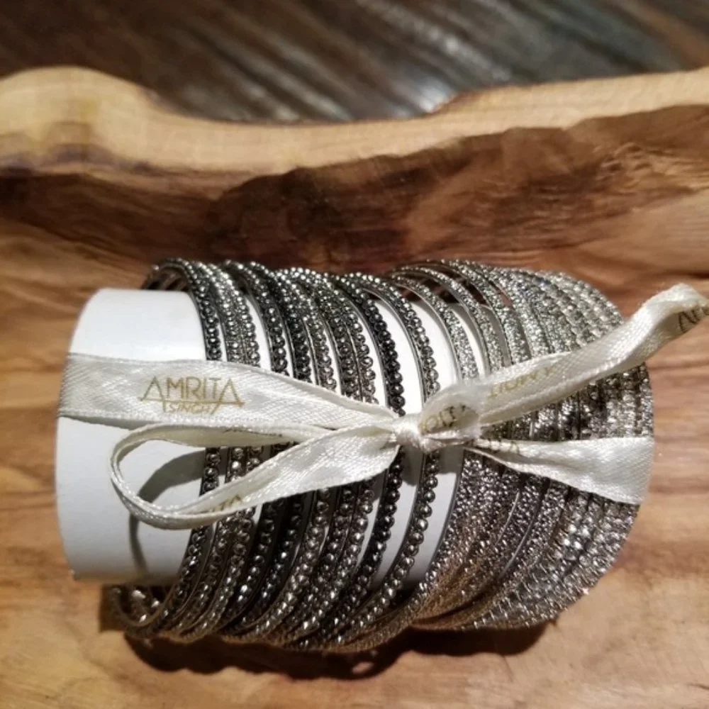 AMRITA SINGH stack bangle set of 19. Silver, Gun Metal & Austrian Crystals.